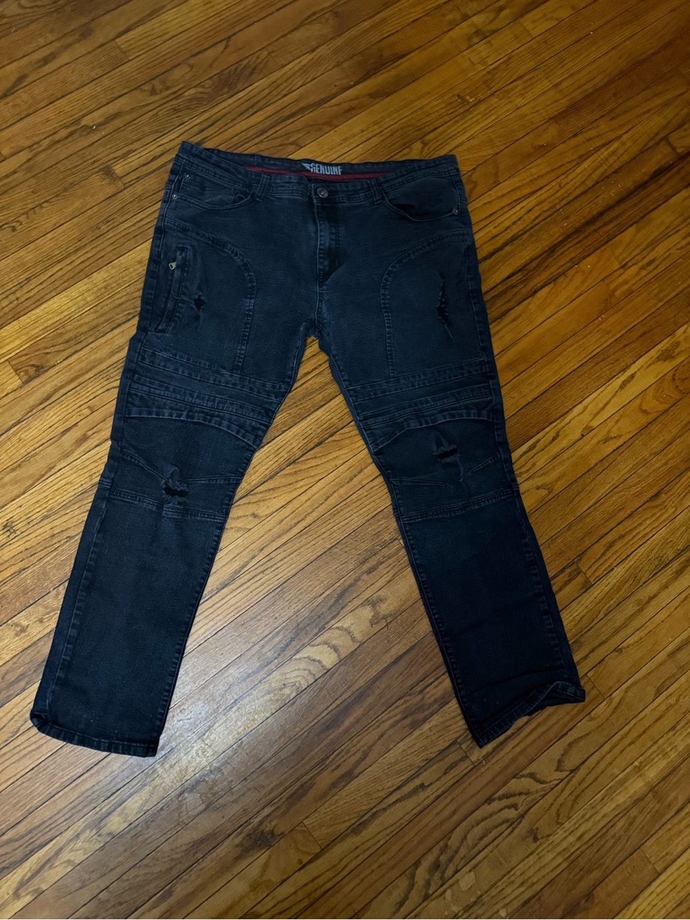 Men’s Moto Biker Distressed Black Jeans 42x32 Utility Cargo Jeans - Picture 2 of 14